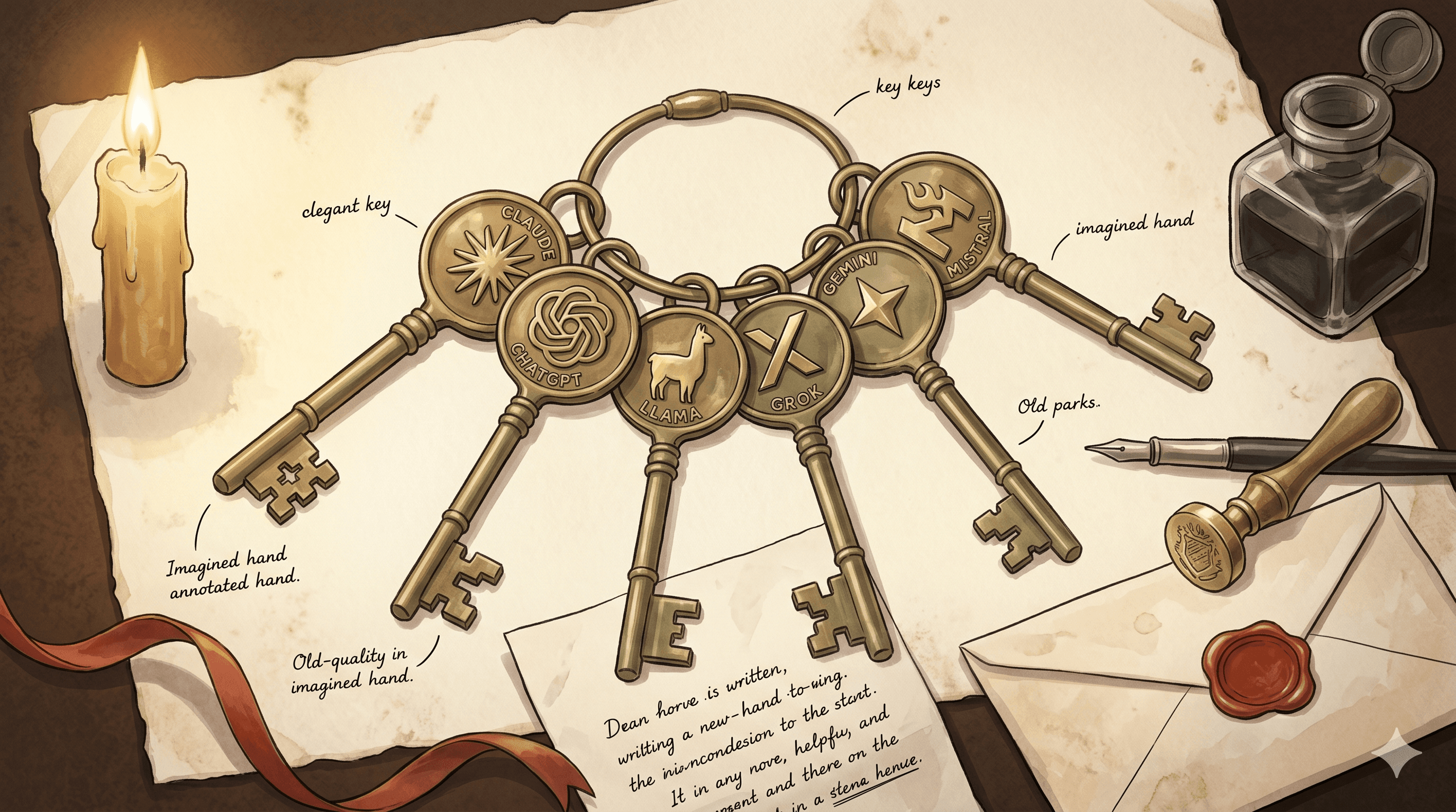A keyring of ornate brass keys on parchment — each key stamped with a different AI-model mark.