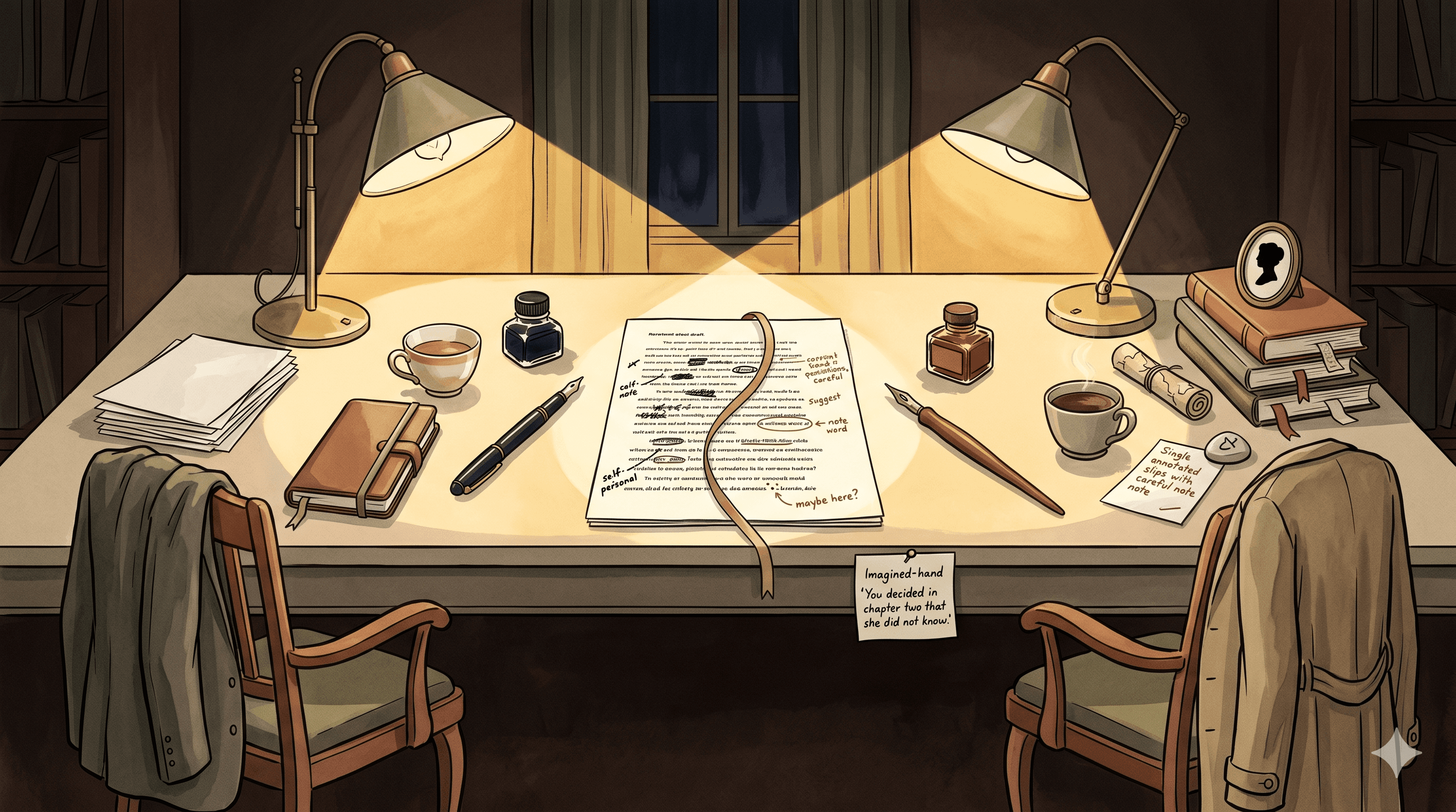A writer's desk by lamplight — a manuscript open between two reading lamps, ink and coffee at the edges.